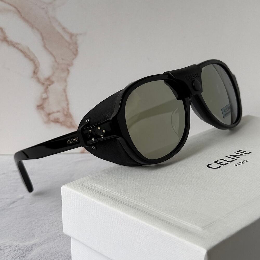 NEW Celine CL40301U Black Leather Shield Aviator Sunglasses